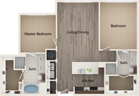 A diagram of a house layout with a master bedroom, living/dining area, kitchen, and two bathrooms.